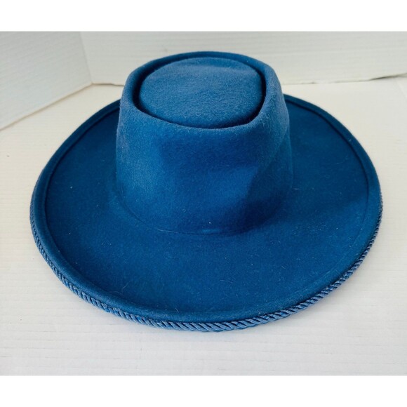Vintage Blue Wide Brim 100% Wool Fedora Hat Braided Trim Size Medium Concave Top